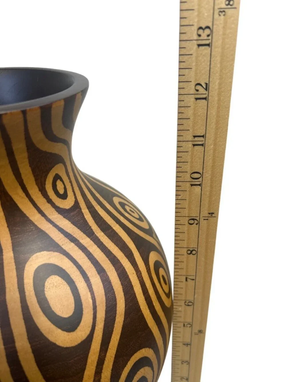 Hand Turned Wooden Art Vase Optical Illusion Wood Grain Design Decorative Rustic